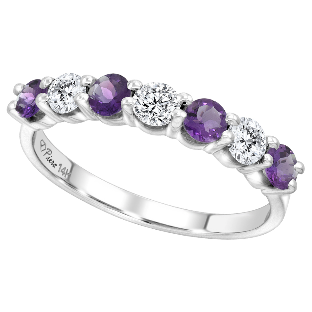 14k White Gold Genuine Amethyst and Diamond 7-Stone Ring Round Brilliant cut 0.77cttw 4.1mm, size 5-10