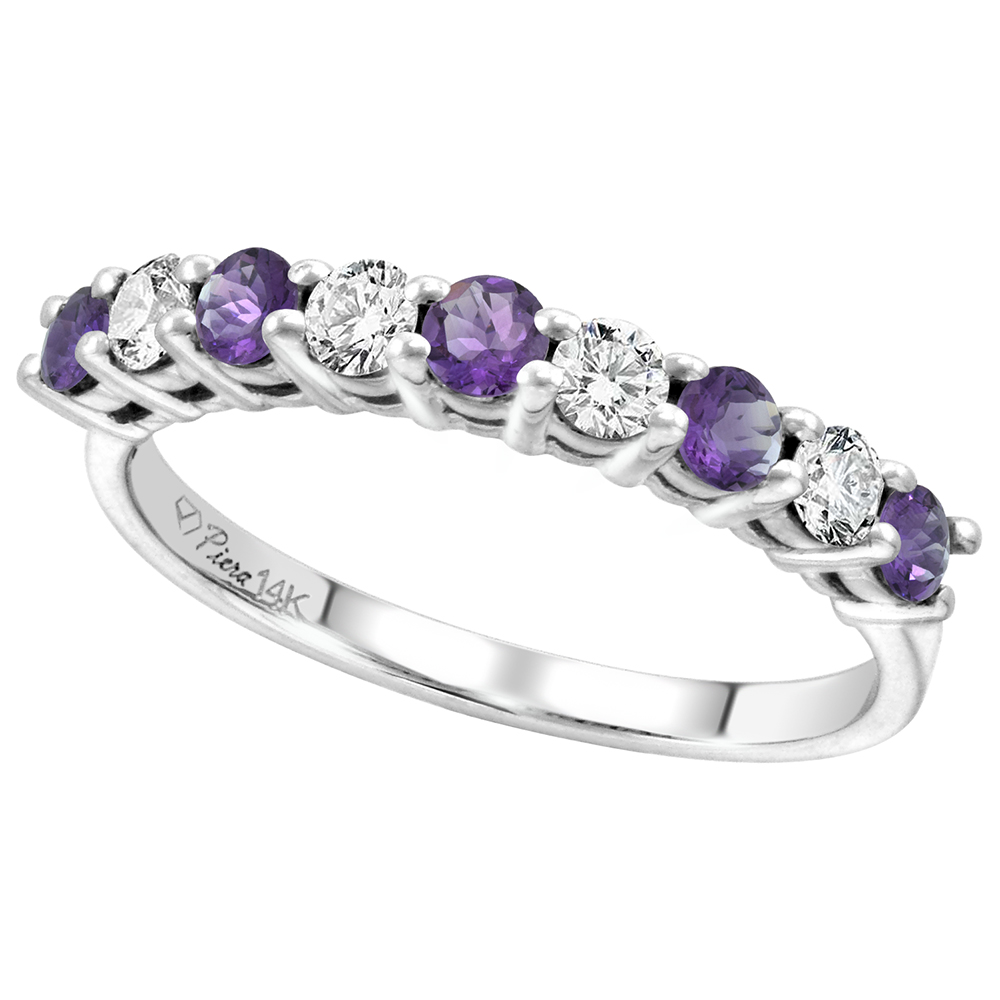 14k White Gold Diamond and Genuine Amethyst 9-Stone Ring Round Brilliant cut 0.4cttw 2.8mm, size 5-10