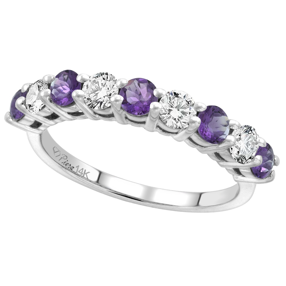 14k White Gold Diamond & Genuine Amethyst 9-Stone Ring Round Brilliant cut 0.52 cttw 3.1mm, size 5-10