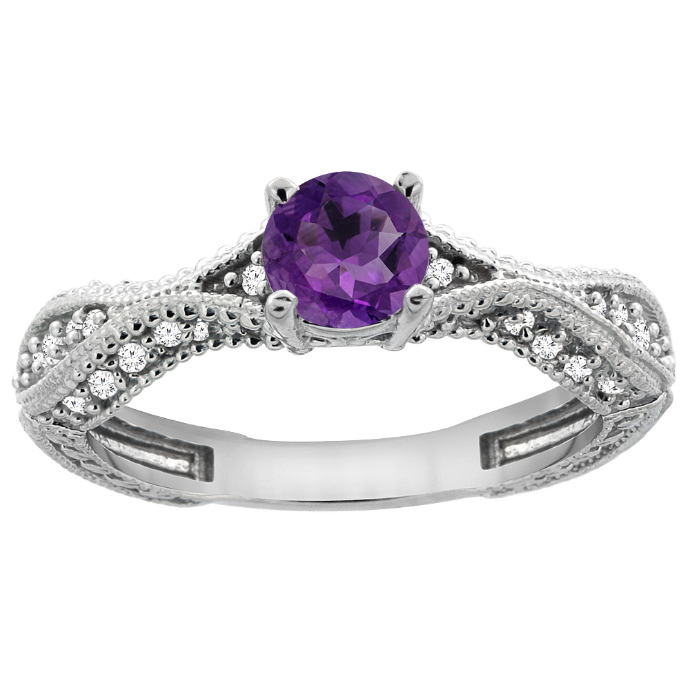 14K White Gold Natural Amethyst Round 5mm Engraved Engagement Ring Diamond Accents, sizes 5 - 10
