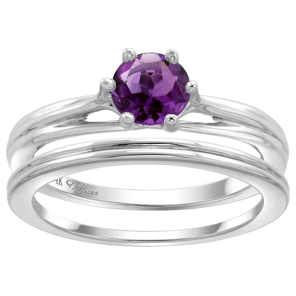 14k White Gold Genuine Amethyst Solitaire Engagement 2pc Ring Set Round 6mm, size 5-10