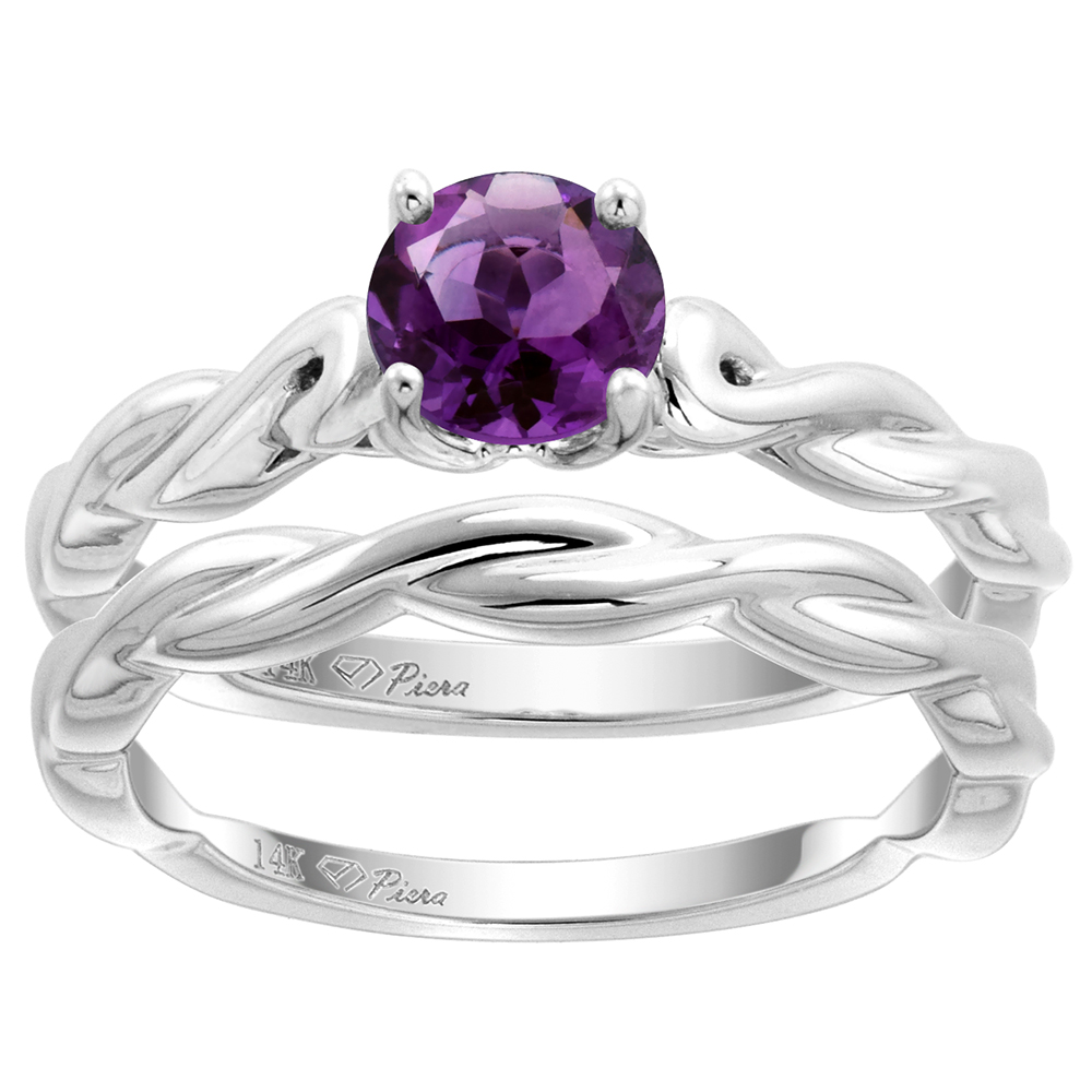 14k White Gold Genuine Amethyst 2pc Solitaire Engagement Ring Set Round 6mm Twisted Shank, size 5-10