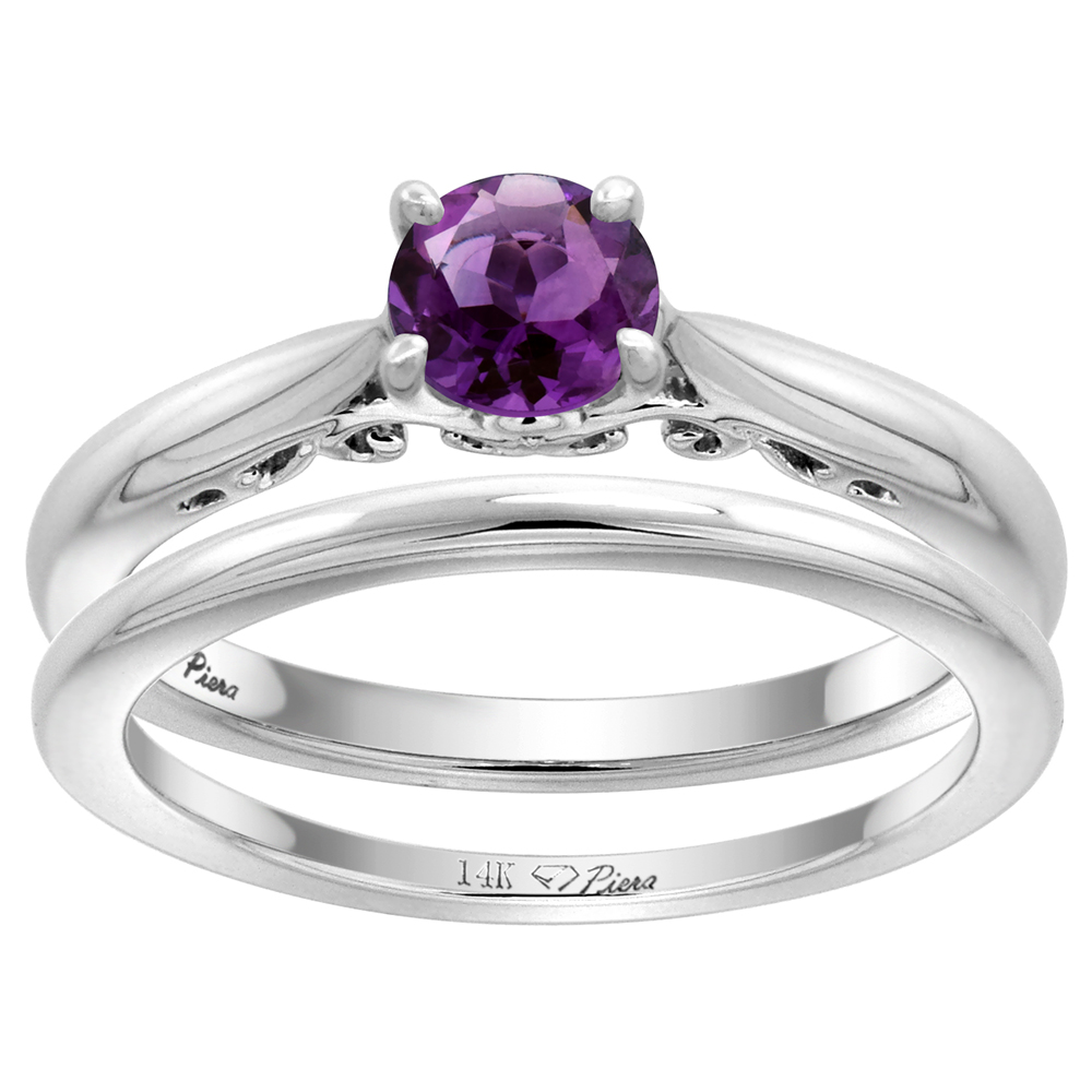 14k White Gold Genuine Amethyst Solitaire Engagement 2pc Ring Set Round 6mm, size 5-10