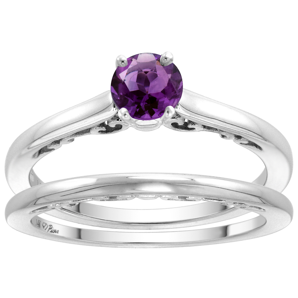 14k White Gold Genuine Amethyst Solitaire Engagement 2pc Ring Set Round 4mm, size 5 -10