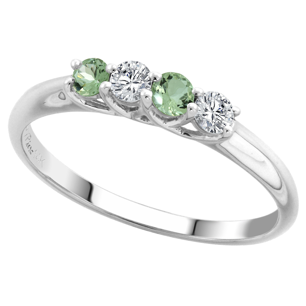 14k White Gold Genuine Green Amethyst and Diamond 4-Stone Ring Round Brilliant cut 0.17ct 2.7mm, size5-10