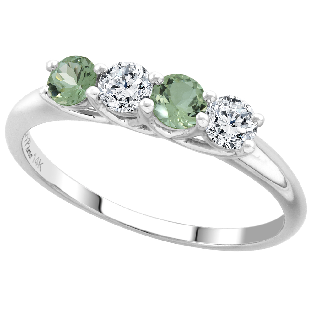 14k White Gold Genuine Green Amethyst and Diamond 4-Stone Ring Round Brilliant cut 0.28ct 3.2mm, size5-10