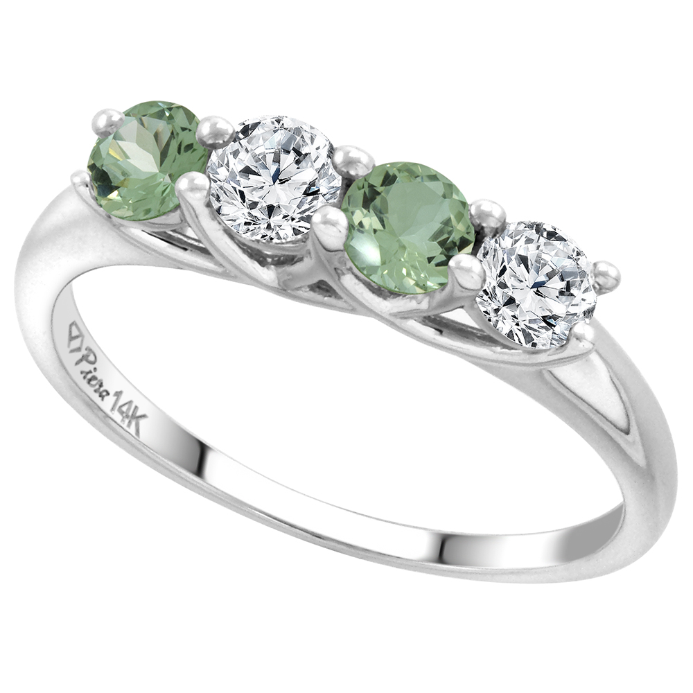 14k White Gold Genuine Green Amethyst and Diamond 4-Stone Ring Round Brilliant cut 0.4cttw 3.7mm size5-10