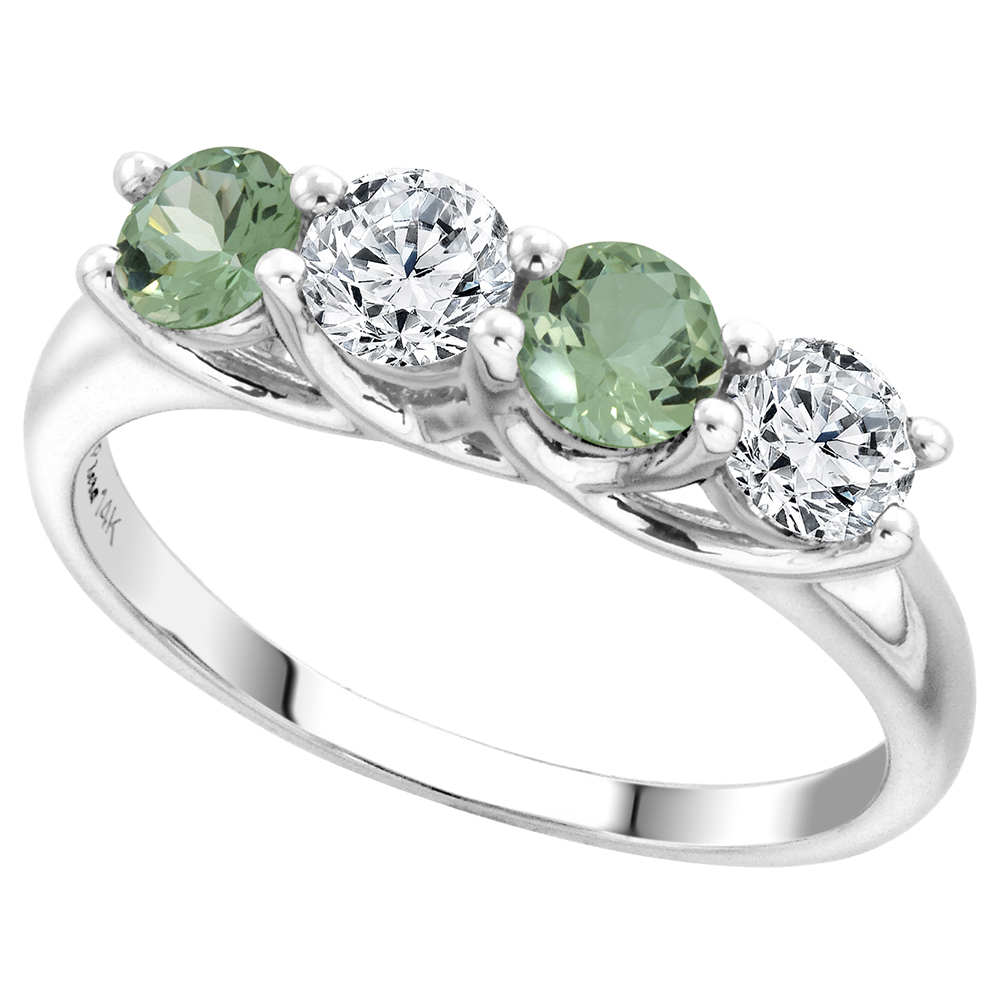 14k White Gold Genuine Green Amethyst and Diamond 4-Stone Ring Round Brilliant cut 0.5cttw 4.1mm size5-10