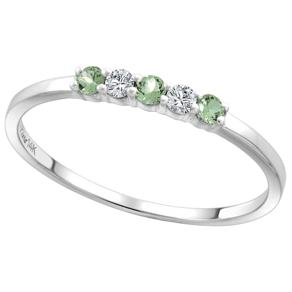 14k White Gold Genuine Green Amethyst and Diamond 5-Stone Ring Round Brilliant cut 0.08cttw 2mm, size5-10