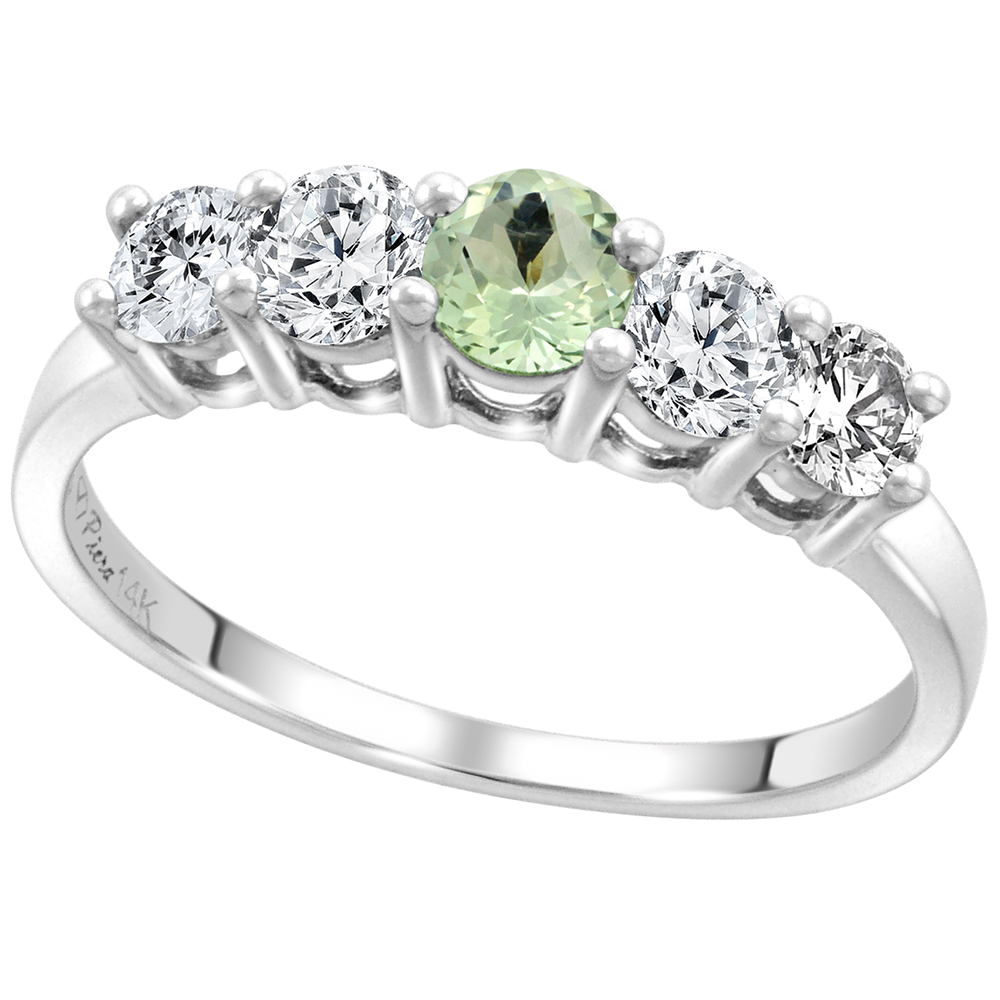 14k White Gold 0.6ct Diamond & Genuine Green Amethyst 5-Stone Ring Round Brilliant cut 4mm, size 5-10