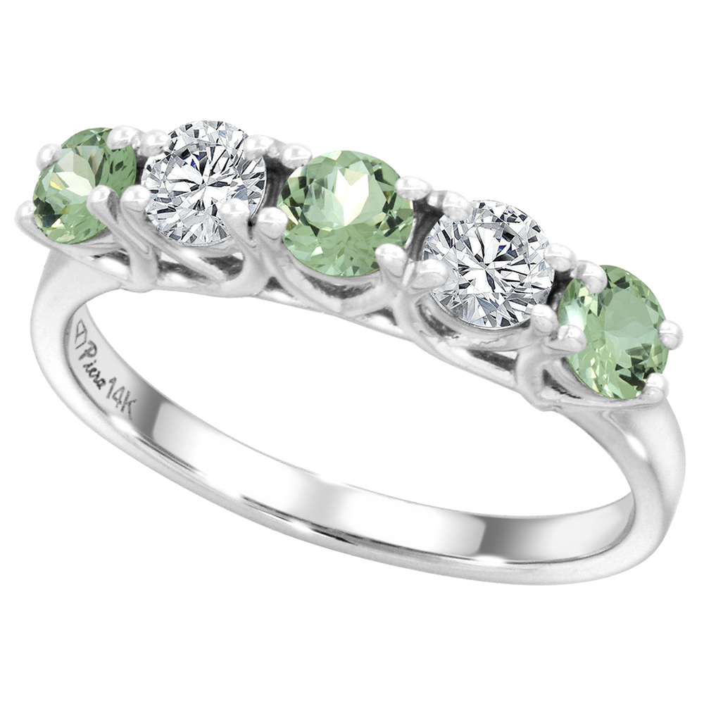 14k White Gold Genuine Green Amethyst & Diamond 5-Stone Ring Round Brilliant cut 0.4ct 3.7mm, size5-10