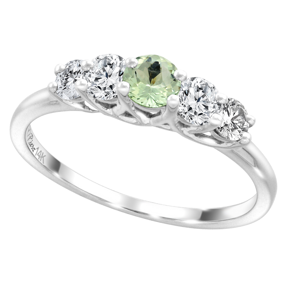 14k White Gold 0.4ct Diamond & Genuine Green Amethyst 5-Stone Ring Round Brilliant cut 3.6mm, size5-10