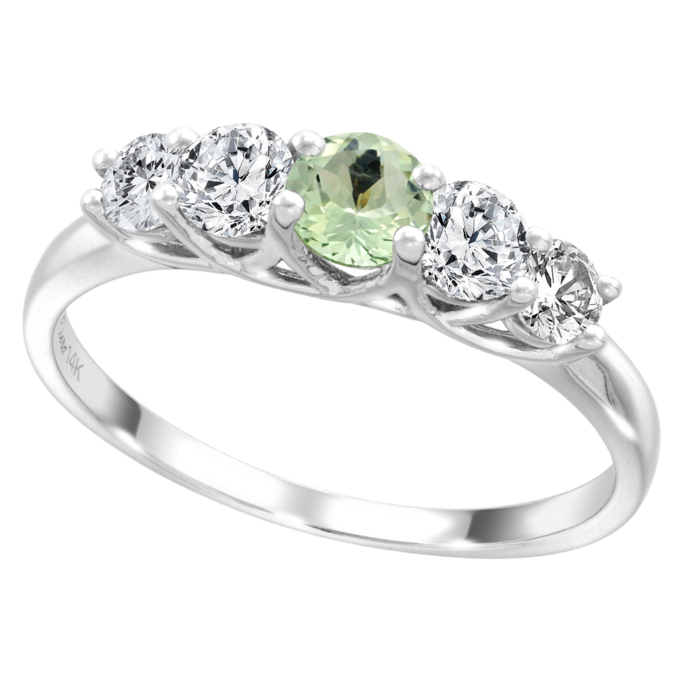 14k White Gold 0.6ct Diamond & Genuine Green Amethyst 5-Stone Ring Round Brilliant cut 3.8mm, size5-10