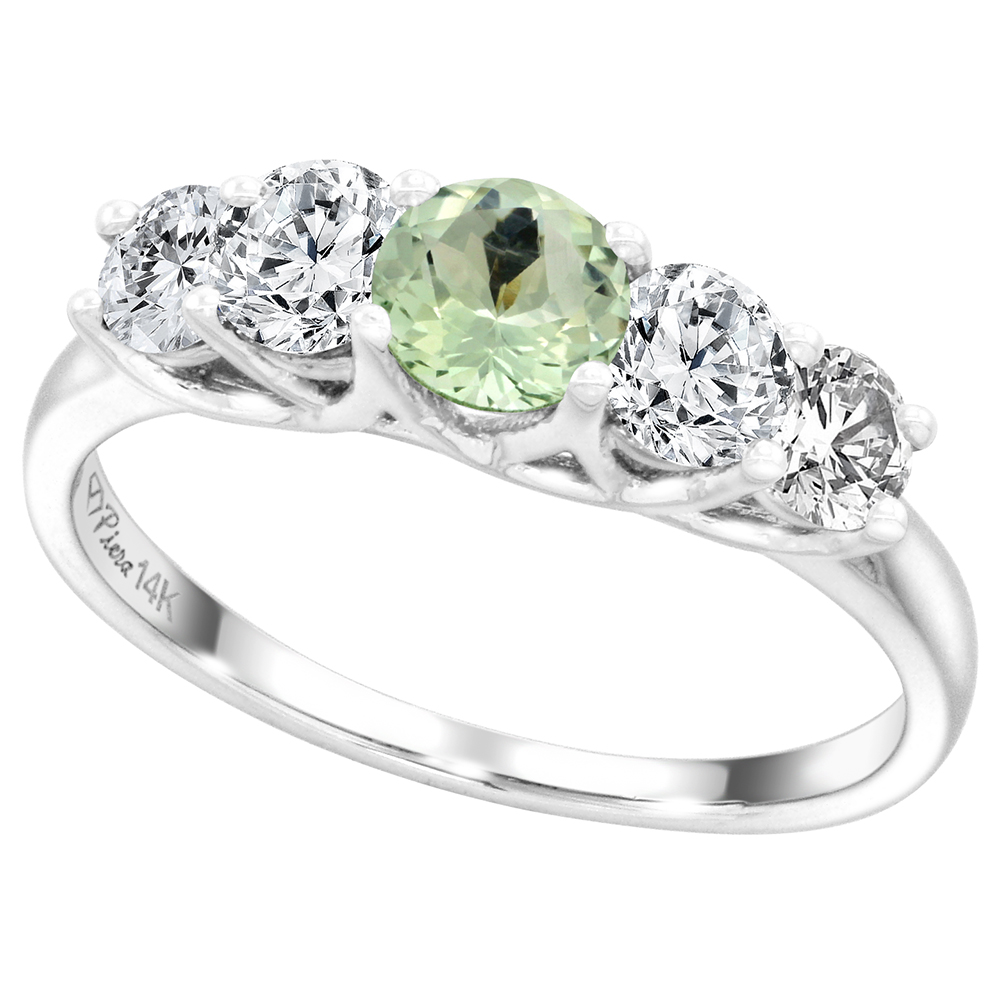 14k White Gold 0.7ct Diamond & Genuine Green Amethyst 5-Stone Ring Round Briliant cut 4.8mm, size5-10