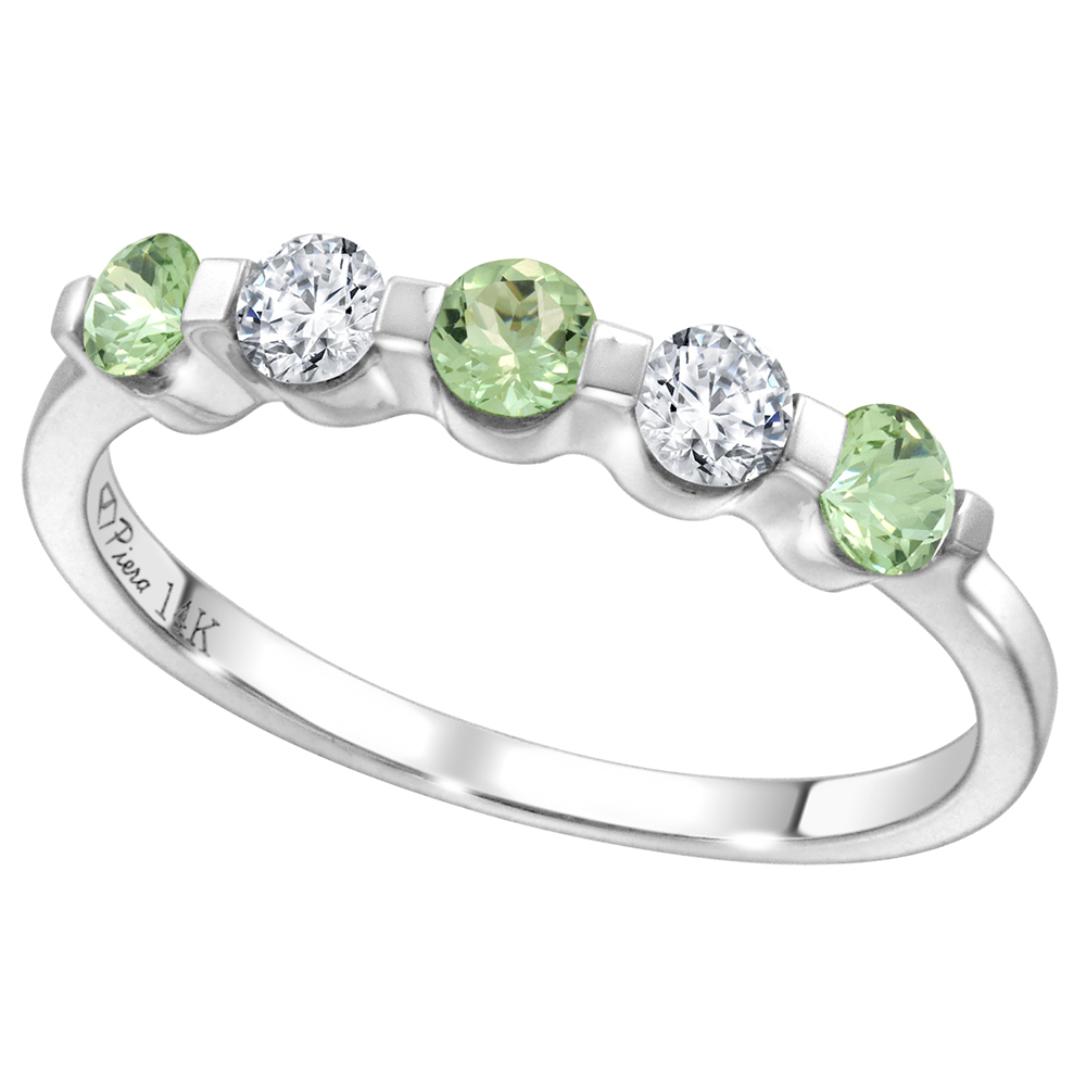 14k White Gold 0.23ct Diamond & Genuine Green Amethyst 5-Stone Ring Round Brilliant cut 3mm, size 5-10