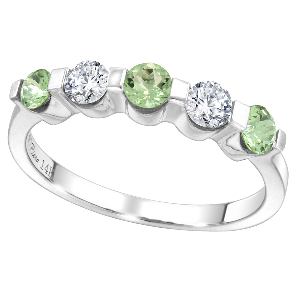 14k White Gold 0.33ct Diamond & Genuine Green Amethyst 5-Stone Ring Round Brilliant cut 3.4mm, size 5-10