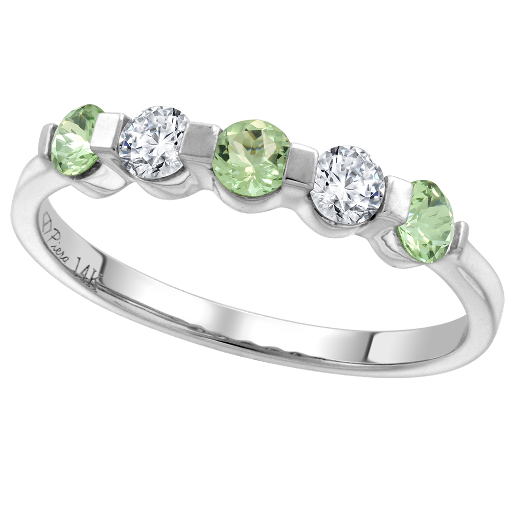 14k White Gold 0.23ct Diamond & Genuine Green Amethyst 5-Stone Ring Round Brilliant cut 3mm, size 5-10