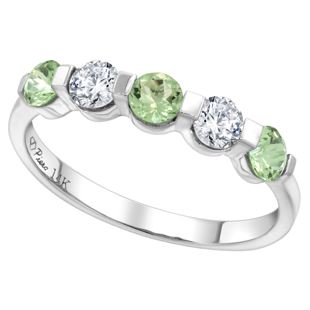 14k White Gold 0.33ct Diamond & Genuine Green Amethyst 5-Stone Ring Round Brilliant cut 3.4mm, size 5-10