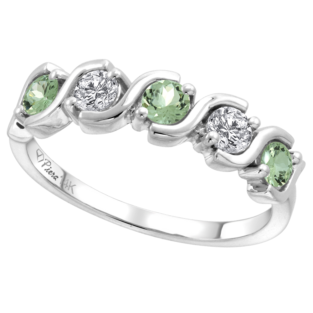 14k White Gold 5-Stone Diamond & Genuine Green Amethyst Ring Round Brilliant cut 0.23 cttw 3mm, size 5-10