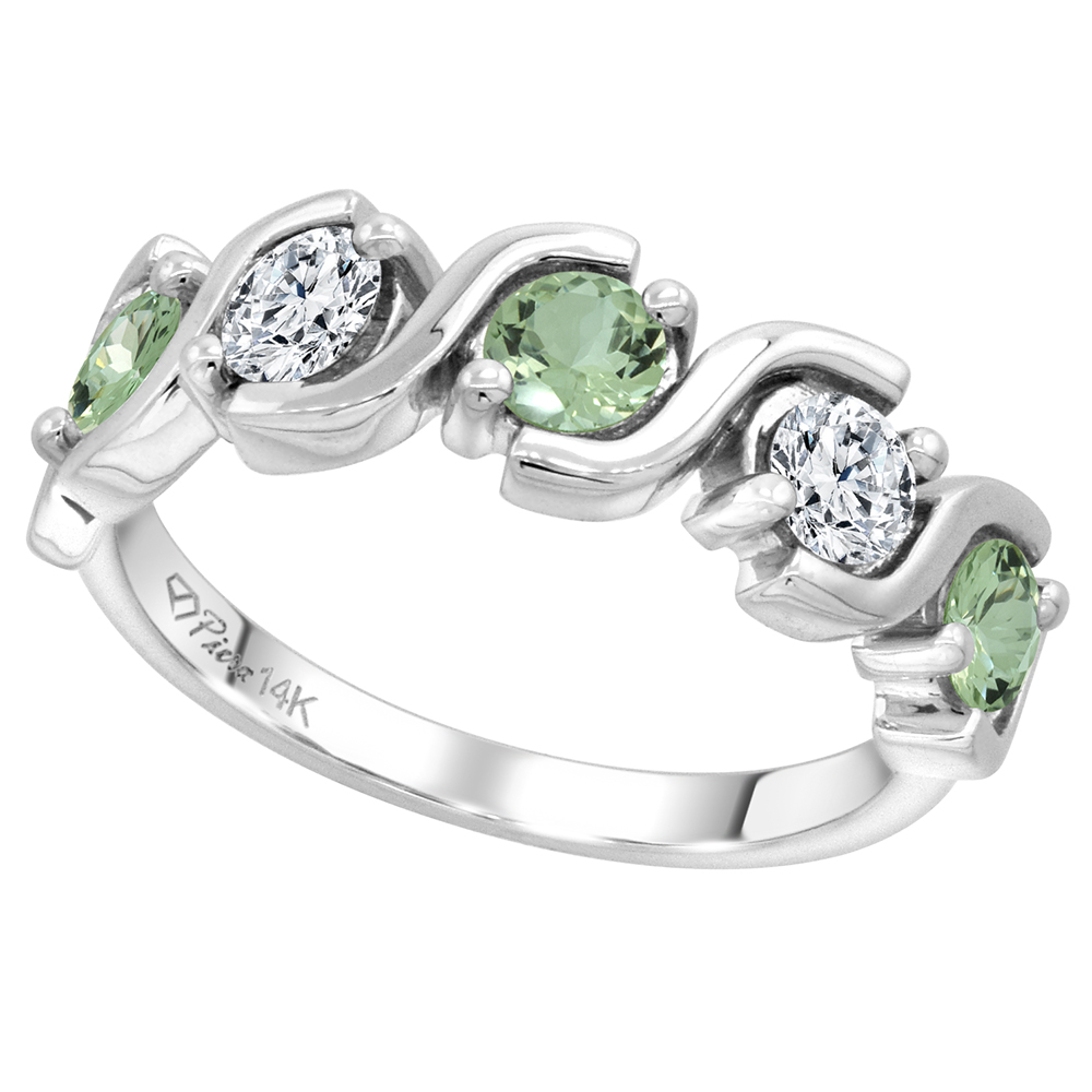 14k White Gold 5-Stone Genuine Green Amethyst and Diamond Ring Round Brilliant cut 0.4ct 3.7mm, size5-10