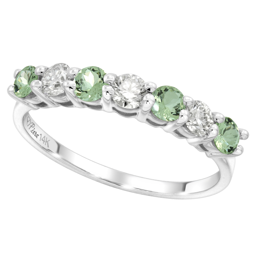 14k White Gold Genuine Green Amethyst and Diamond 7-stone Ring Round Brilliant cut 0.35ct 3mm, size 5-10