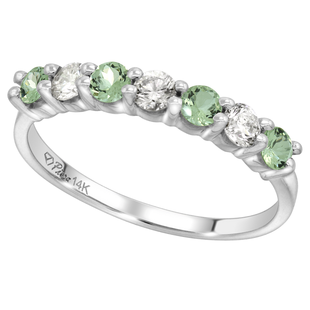 14k White Gold Genuine Green Amethyst and Diamond 7-Stone Ring Round Brilliant cut 0.35cttw 3mm,size 5-10