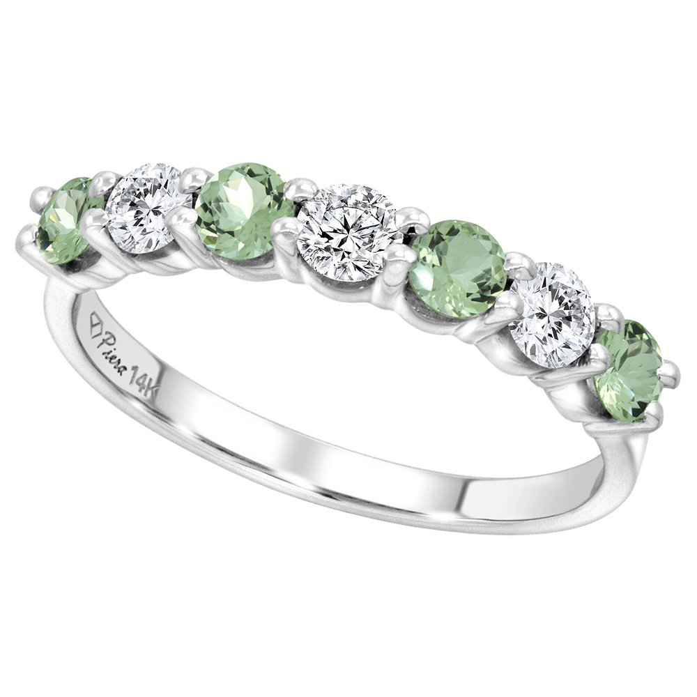 14k White Gold Genuine Green Amethyst & Diamond 7-Stone Ring Round Brilliant cut 0.77cttw 4.1mm,size 5-10