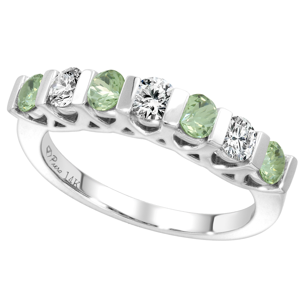 14k White Gold Genuine Green Amethyst & Diamond 7-Stone Ring Round Brilliant cut 0.35cttw 3mm, size 5-10