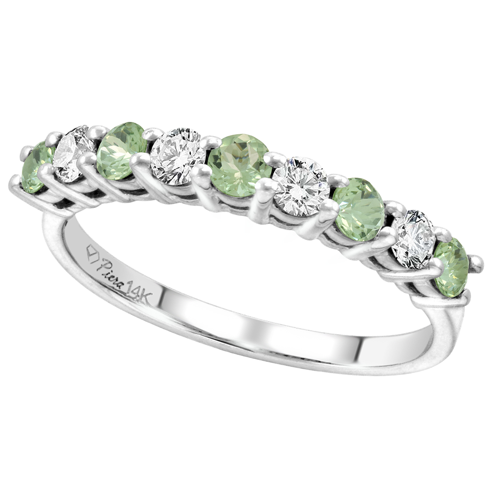 14k White Gold Diamond and Genuine Green Amethyst 9-Stone Ring Round Brilliant cut 0.4cttw 2.8mm,size5-10