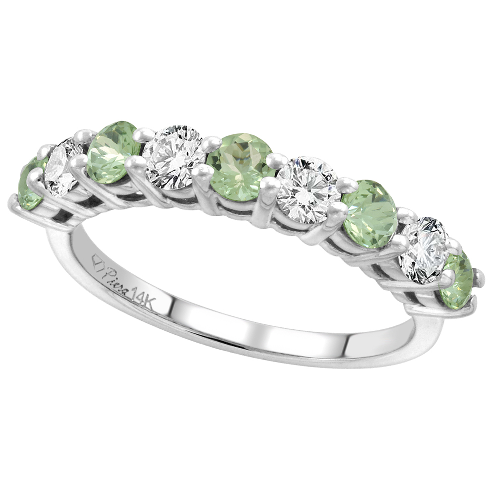 14k White Gold Diamond & Genuine Green Amethyst 9-Stone Ring Round Brilliant cut 0.52 cttw 3.1mm,size5-10