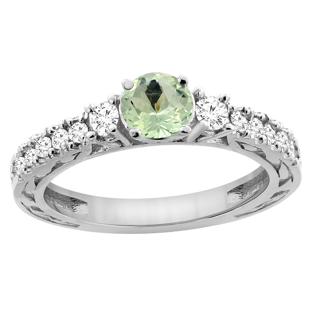 14K White Gold Natural Green Amethyst Round 6mm Engraved Engagement Ring Diamond Accents, sizes 5 - 10