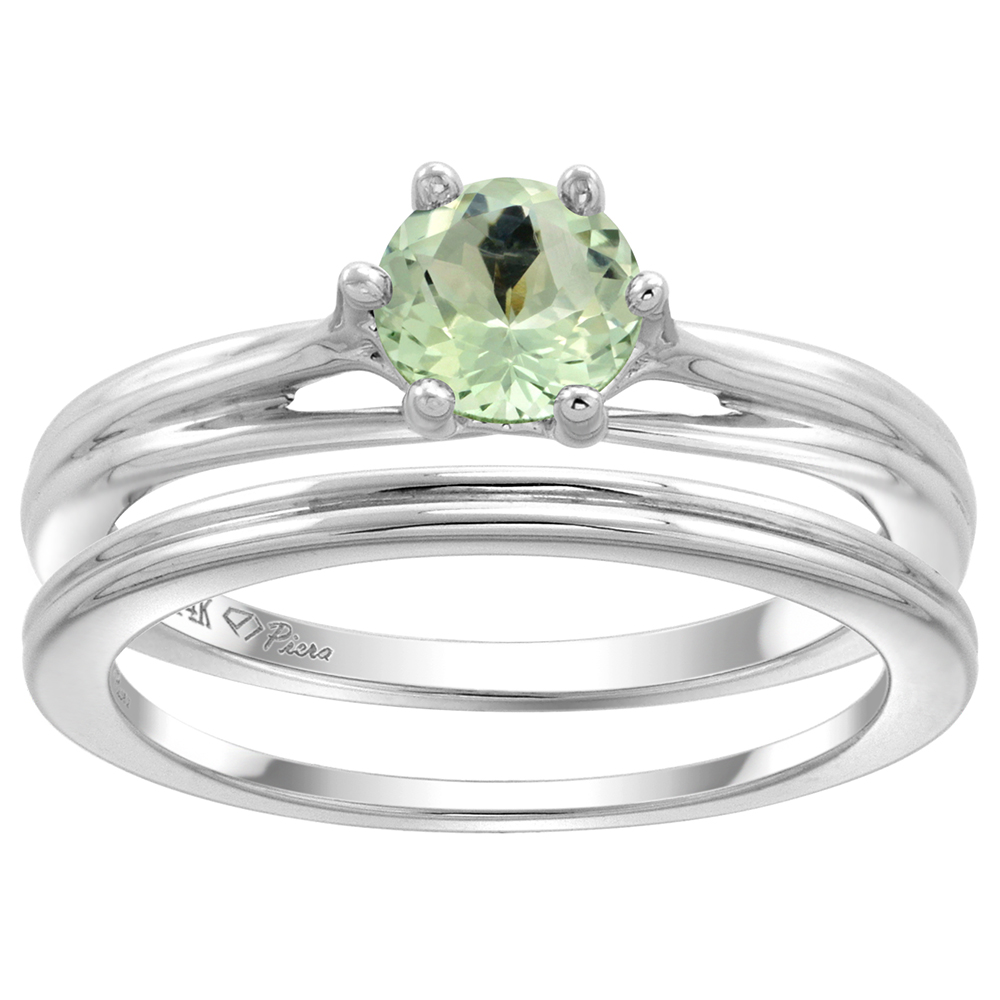 14k White Gold Genuine Green Amethyst Solitaire Engagement 2pc Ring Set Round 6mm, size 5-10