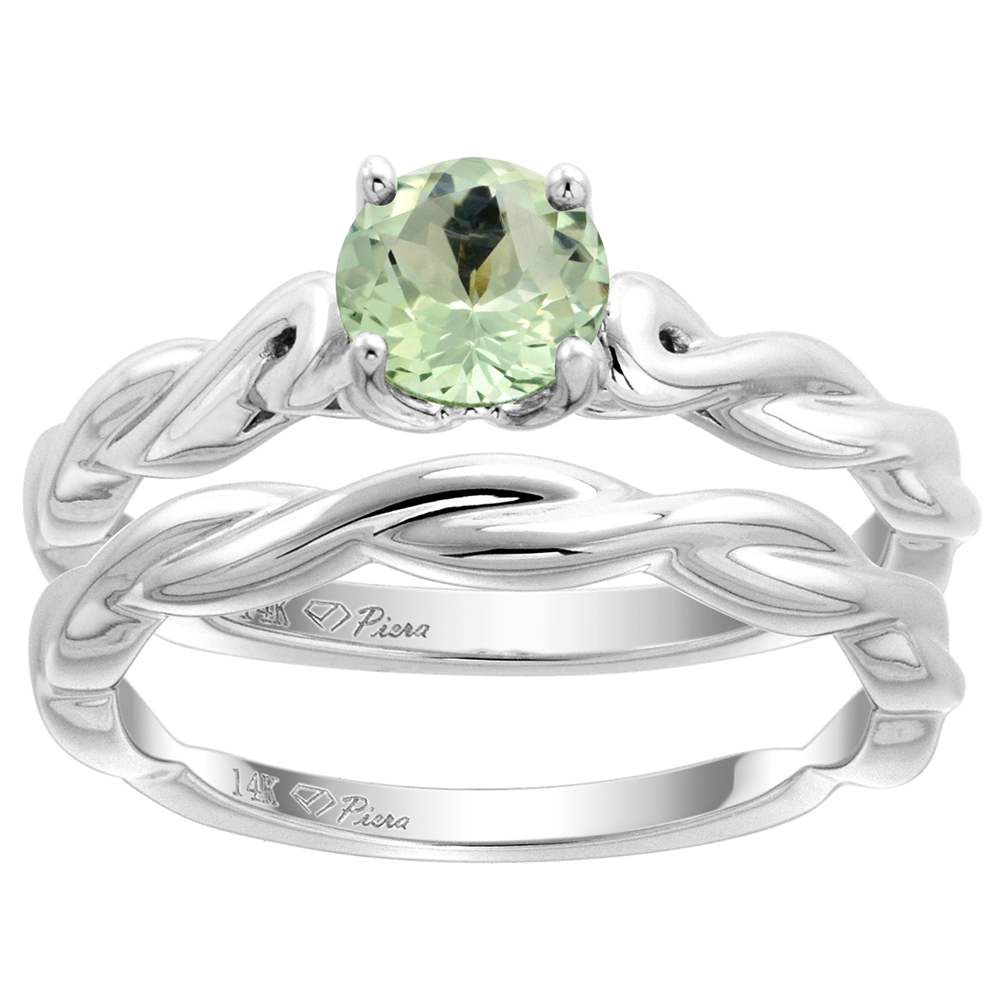 14k White Gold Genuine Green Amethyst 2pc Solitaire Engagement Ring Set Round 6mm Twisted Shank, size5-10