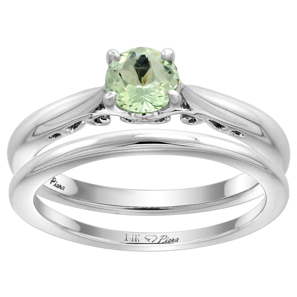 14k White Gold Genuine Green Amethyst Solitaire Engagement 2pc Ring Set Round 6mm, size 5-10
