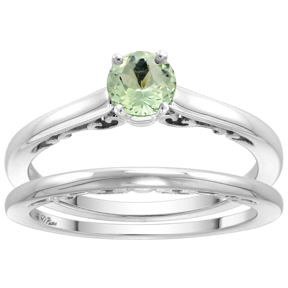 14k White Gold Genuine Green Amethyst Solitaire Engagement 2pc Ring Set Round 4mm, size 5-10