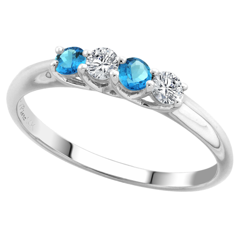 14k White Gold Genuine Swiss Blue Topaz & Diamond 4-Stone Ring Round Brilliant cut 0.17ct 2.7mm, size5-10