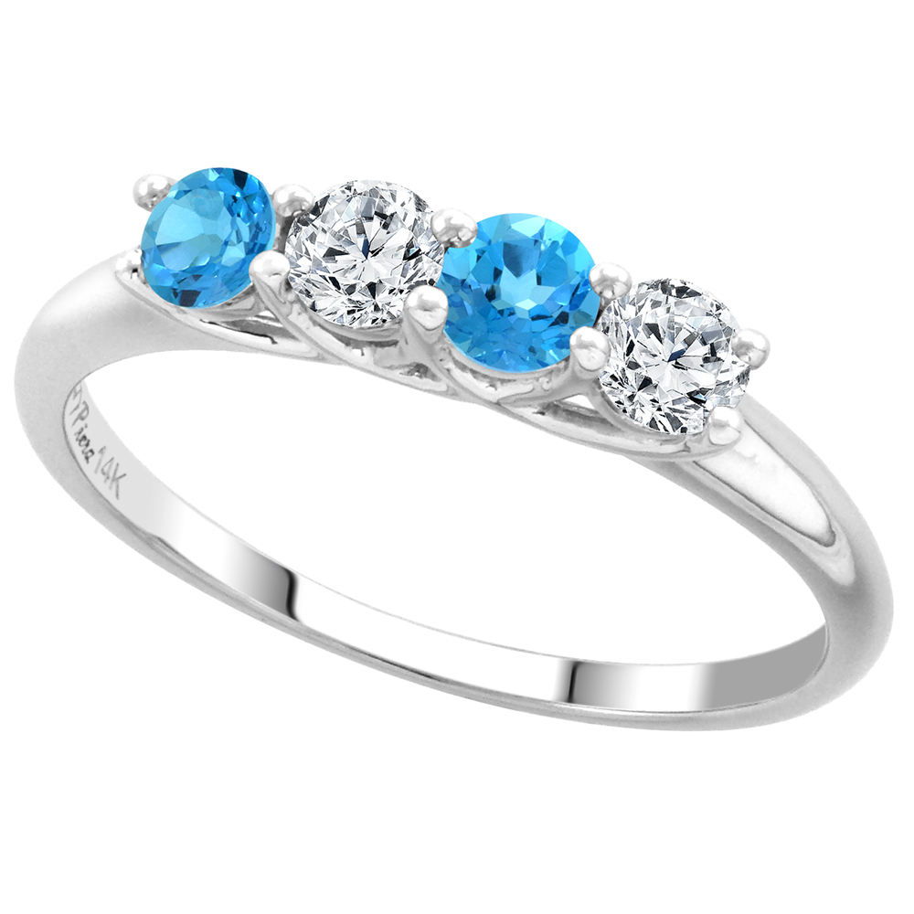 14k White Gold Genuine Swiss Blue Topaz & Diamond 4-Stone Ring Round Brilliantcut 0.28ct 3.2mm, size 5-10