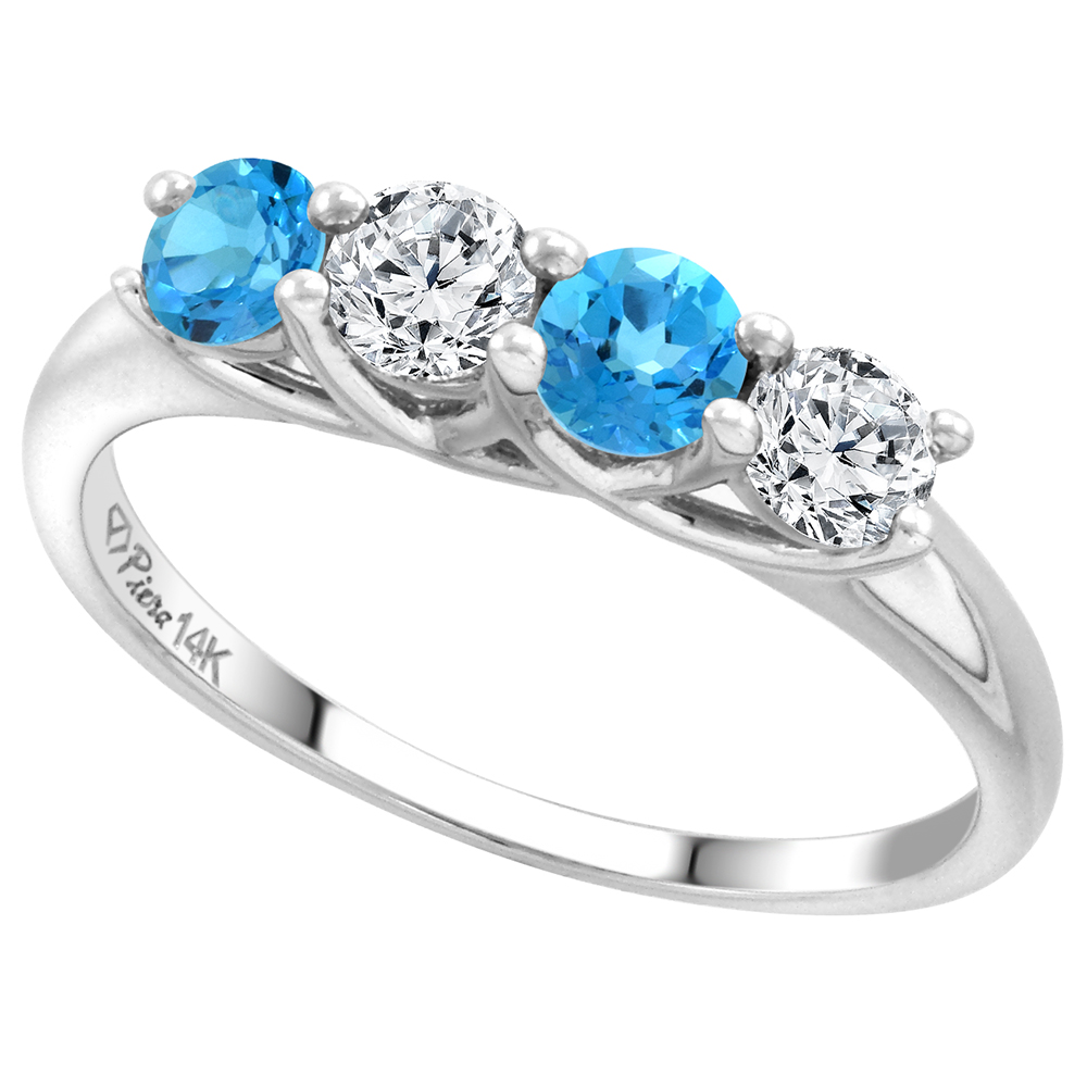 14k White Gold Genuine Swiss Blue Topaz & Diamond 4-Stone Ring Round Brilliant cut 0.4cttw 3.7mm size5-10