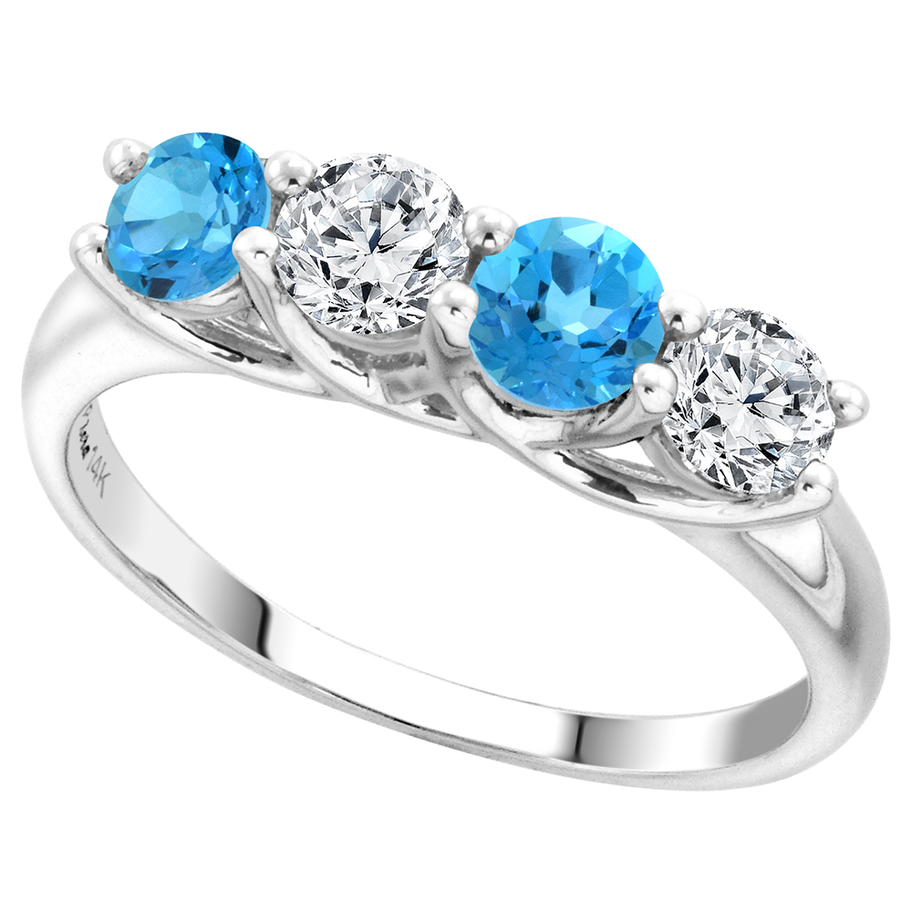 14k White Gold Genuine Swiss Blue Topaz & Diamond 4-Stone Ring Round Brilliant cut 0.5cttw 4.1mm size5-10