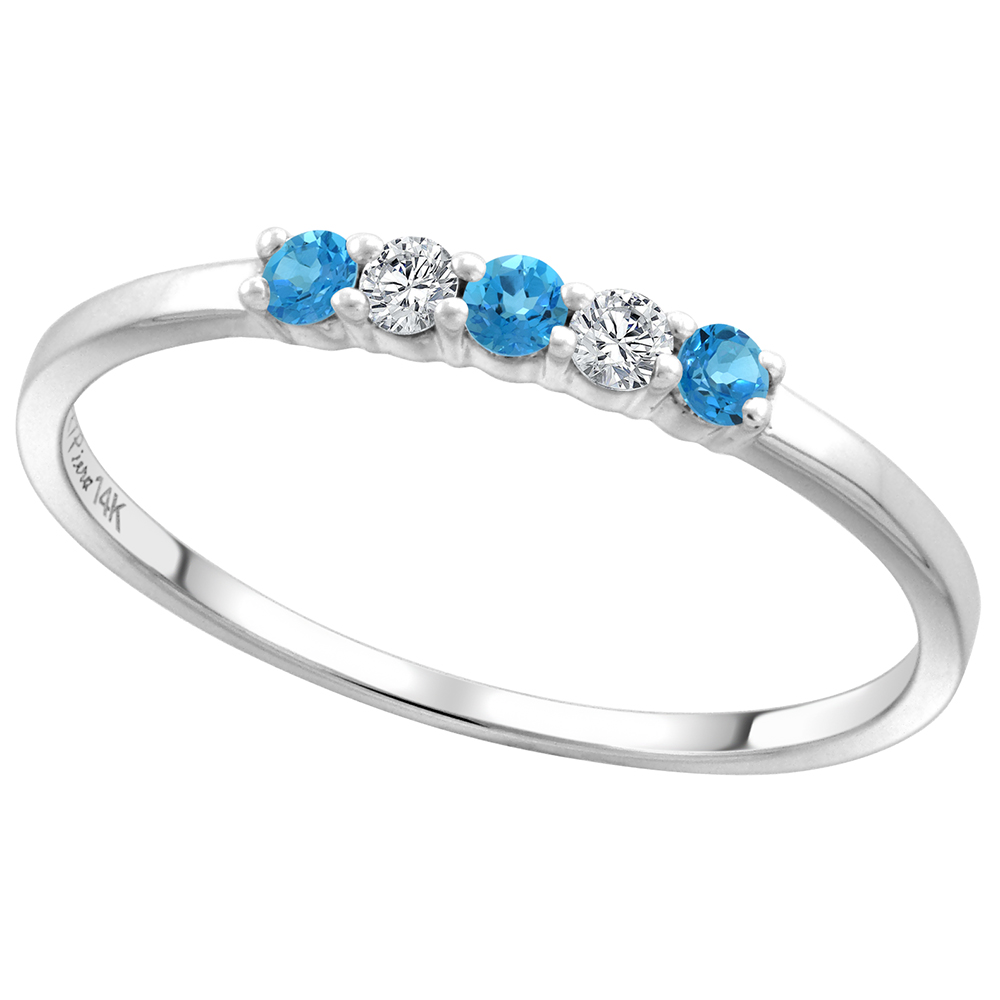 14k White Gold Genuine Swiss Blue Topaz & Diamond 5-Stone Ring Round Brilliant cut 0.08cttw 2mm, size5-10