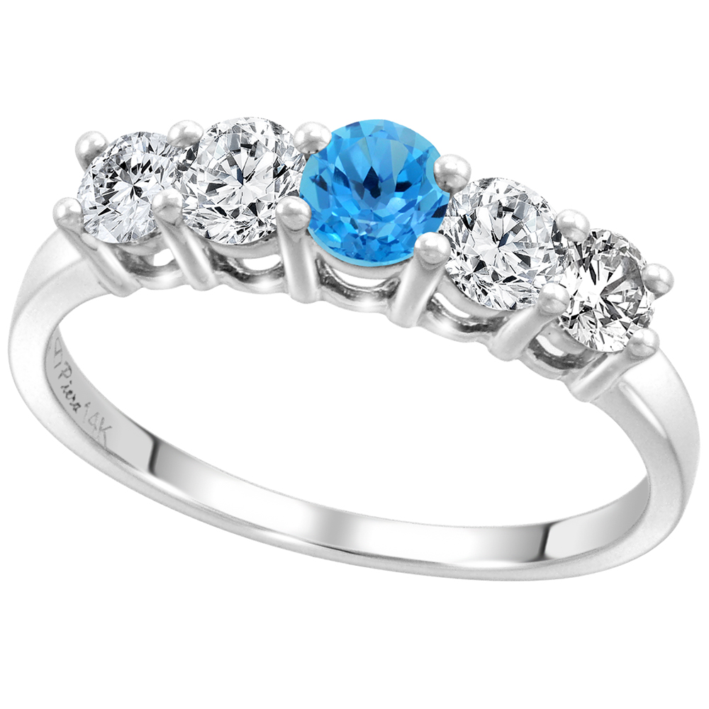 14k White Gold 0.6ct Diamond & Genuine Swiss Blue Topaz 5-Stone Ring Round Brilliant cut 4mm, size 5-10
