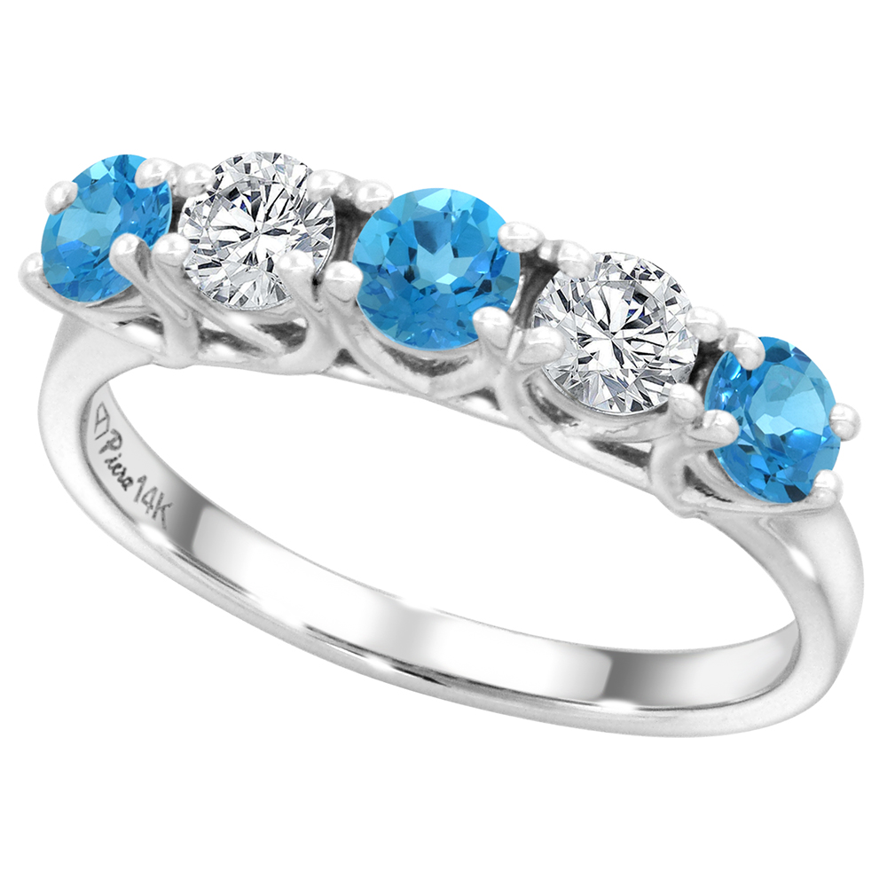14k White Gold Genuine Swiss Blue Topaz & Diamond 5-Stone Ring Round Brilliant cut 0.4ct 3.7mm, size5-10