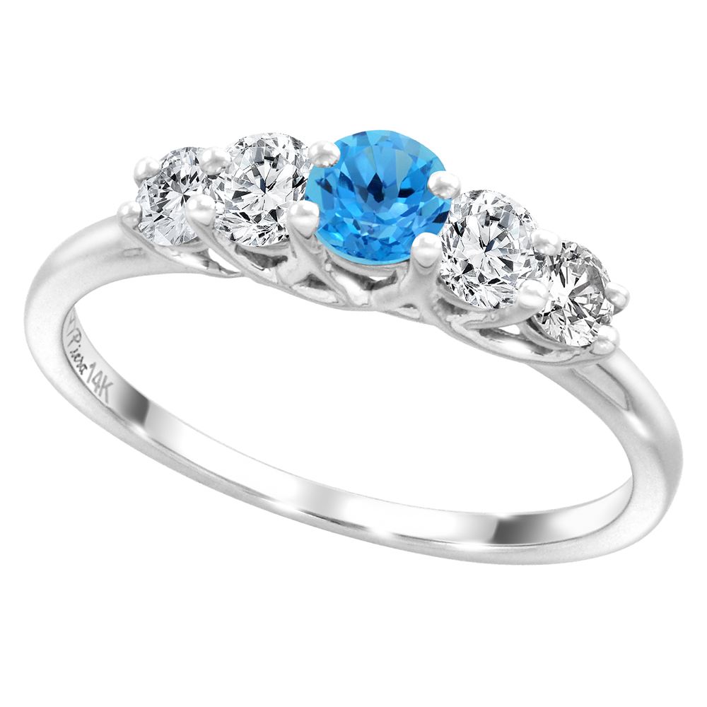 14k White Gold 0.4ct Diamond & Genuine Swiss Blue Topaz 5-Stone Ring Round Brilliant cut 3.6mm, size5-10