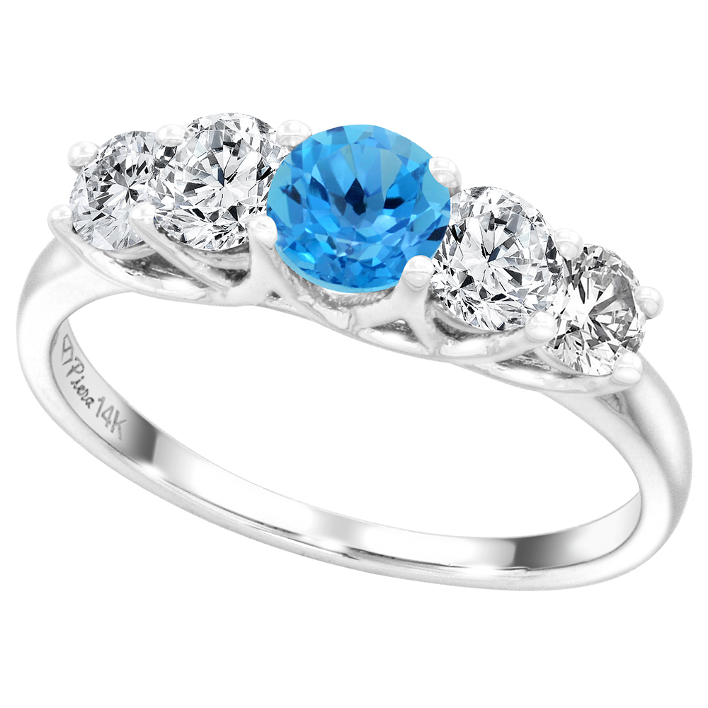 14k White Gold 0.7ct Diamond & Genuine Swiss Blue Topaz 5-Stone Ring Round Briliant cut 4.8mm, size 5-10