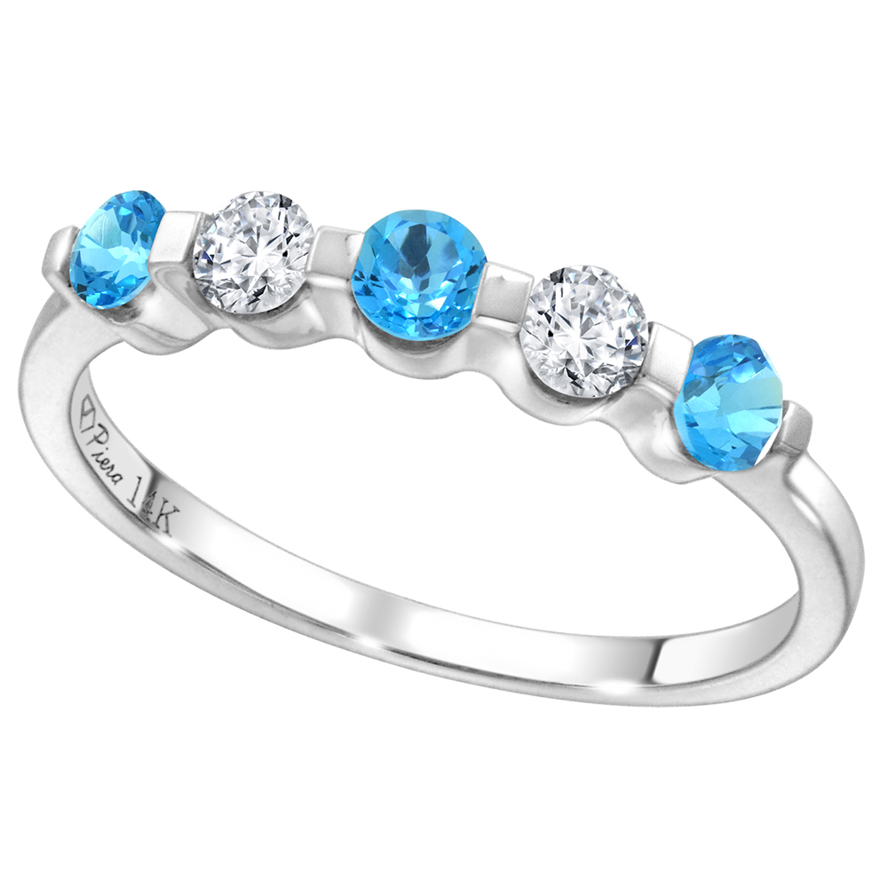 14k White Gold 0.23ct Diamond & Genuine Swiss Blue Topaz 5-Stone Ring Round Brilliant cut 3mm, size 5-10