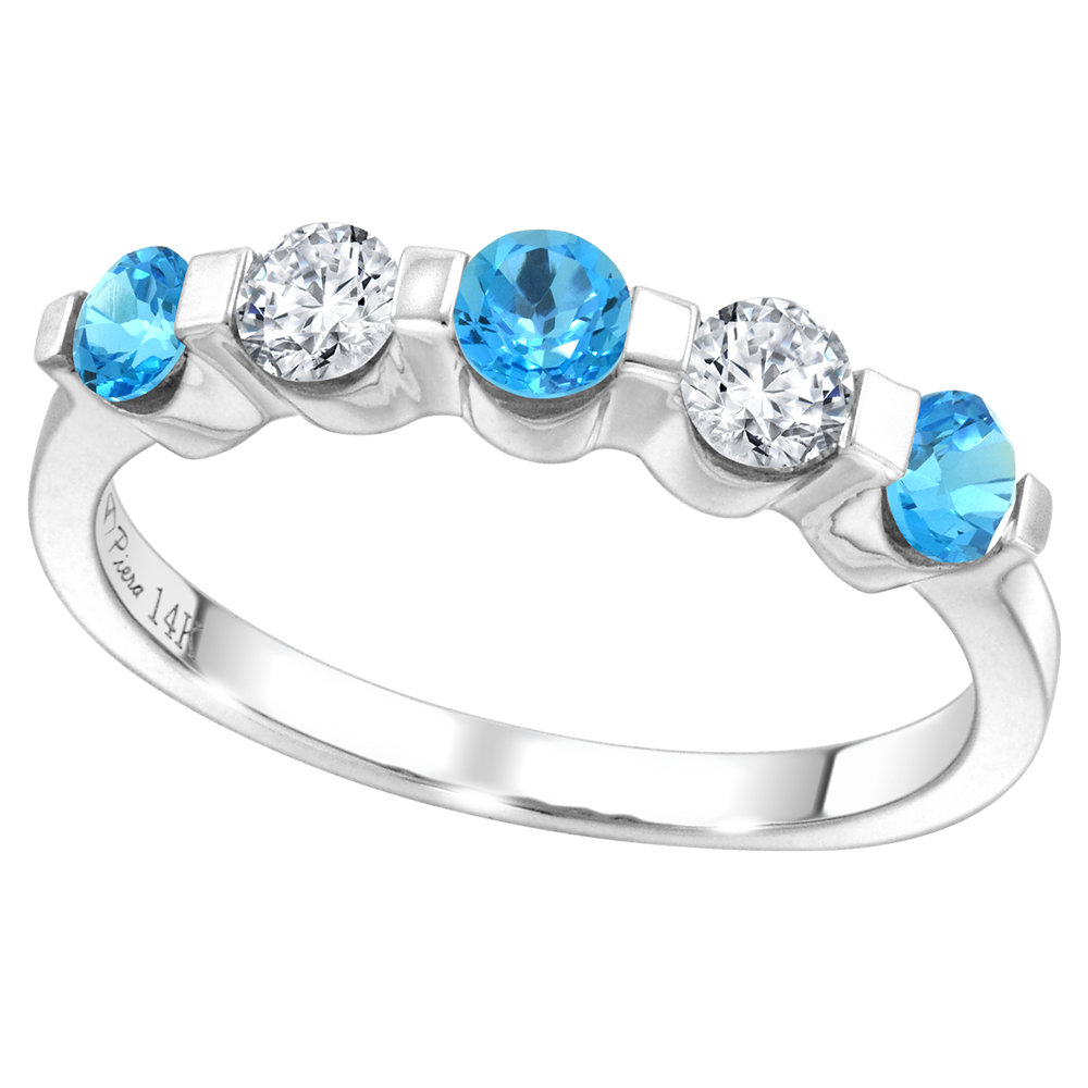 14k White Gold 0.33ct Diamond & Genuine Swiss Blue Topaz 5-Stone Ring Round Brilliant cut 3.4mm, size5-10
