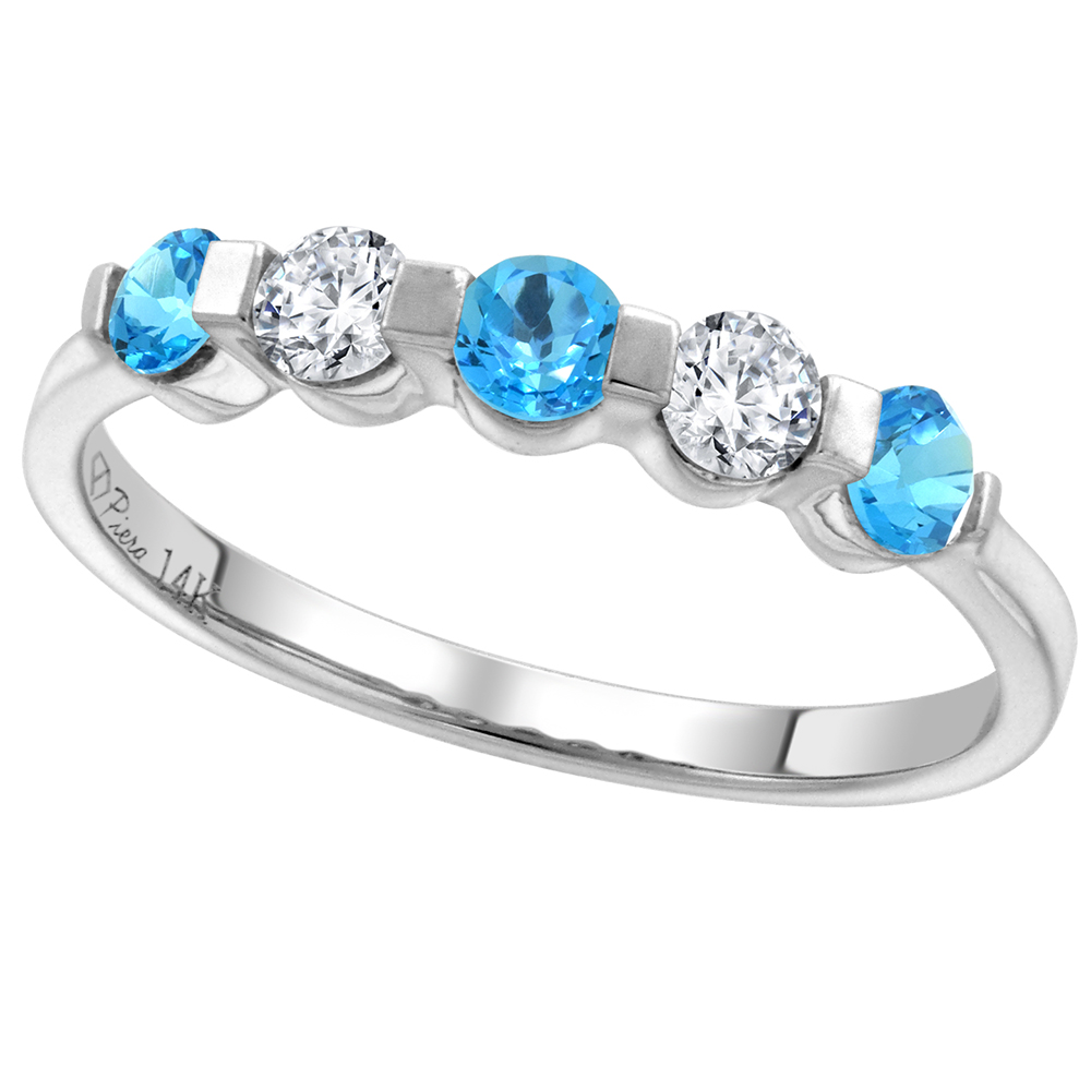 14k White Gold 0.23ct Diamond & Genuine Swiss Blue Topaz 5-Stone Ring Round Brilliant cut 3mm, size 5-10