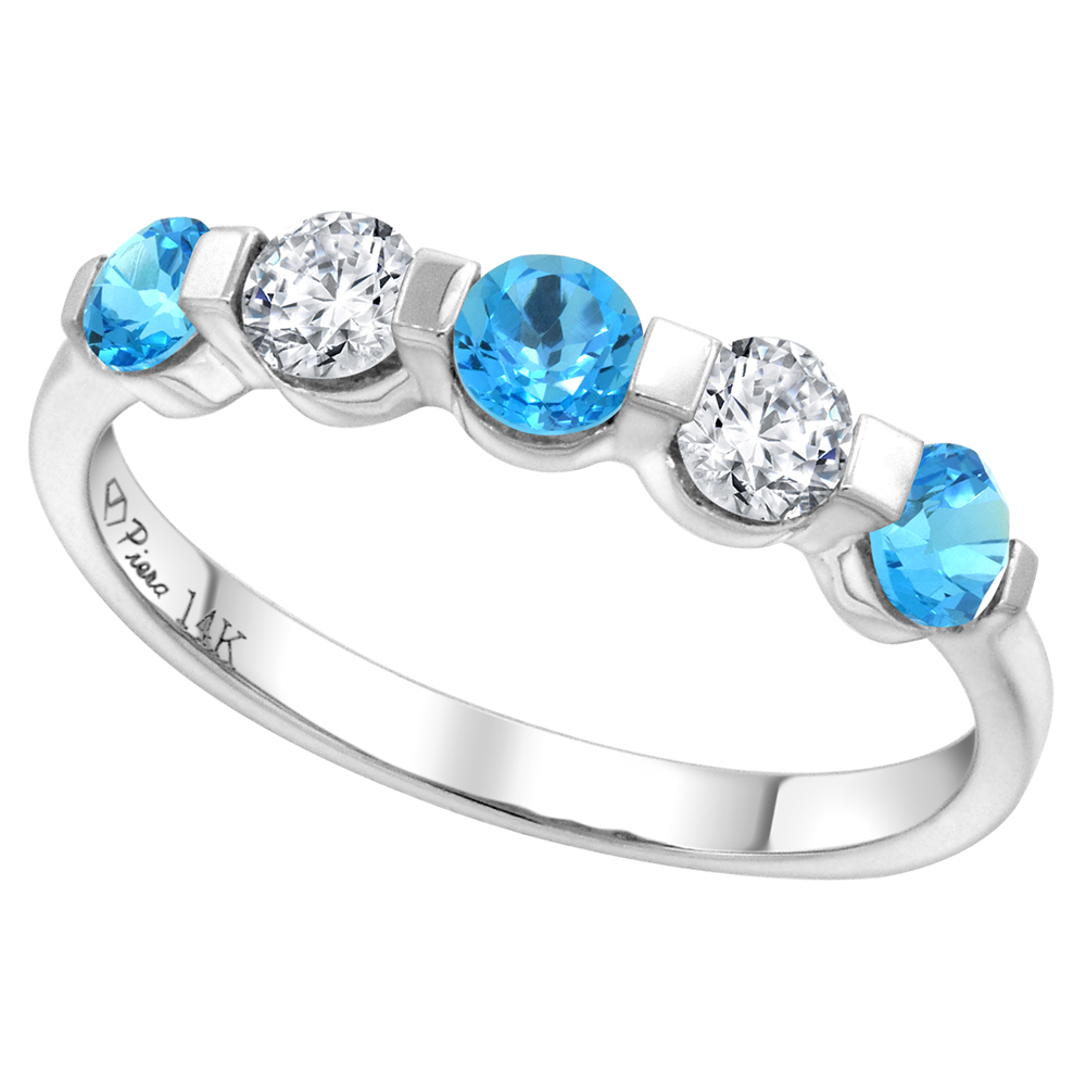 14k White Gold 0.33ct Diamond & Genuine Swiss Blue Topaz 5-Stone Ring Round Brilliant cut 3.4mm, size5-10