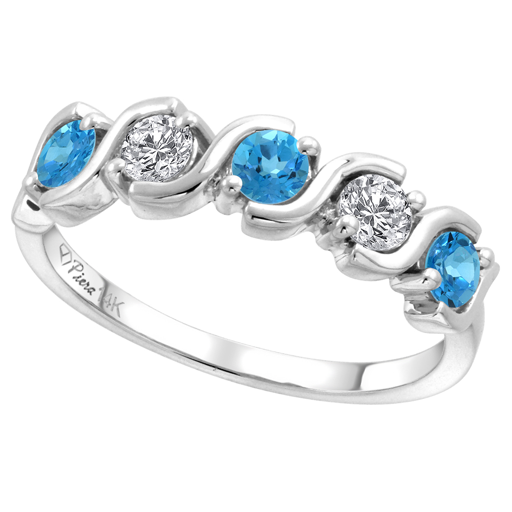 14k White Gold 5-Stone Diamond & Genuine Swiss Blue Topaz Ring Round Brilliant cut 0.23 cttw 3mm,size5-10