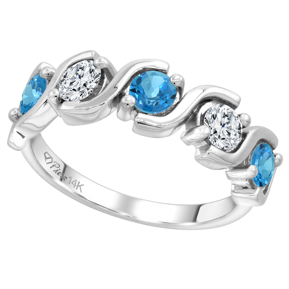 14k White Gold 5-Stone Genuine Swiss Blue Topaz & Diamond Ring Round Brilliant cut 0.4ct 3.7mm, size5-10